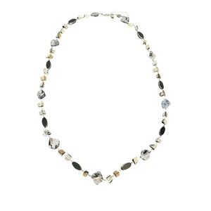 Long Shell Stone Station Necklace Silver Tone Black Mother of Pearl 36 Inch